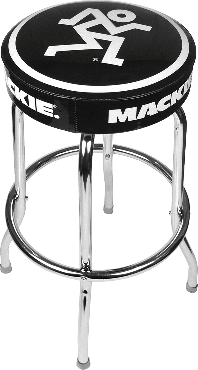 Mackie black bar stool with white logo.