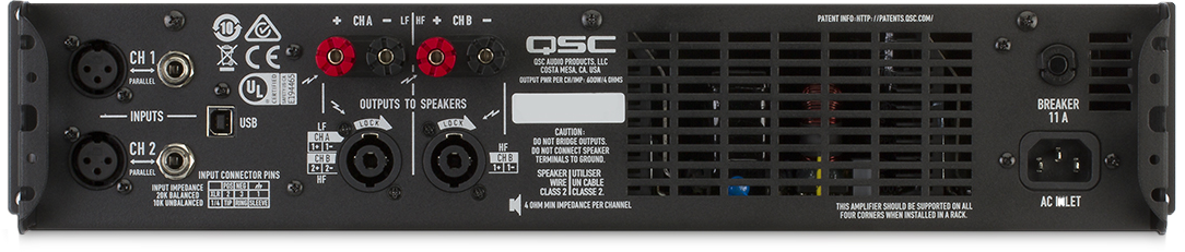 Professional power amplifier with DSP, 2 channels, 400 watts/ch at 8Ω