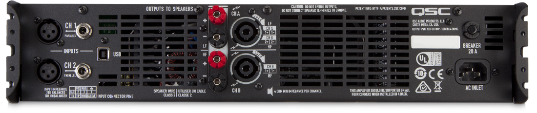 Professional power amplifier with DSP, 2 channels, 800 watts/ch at 8Ω