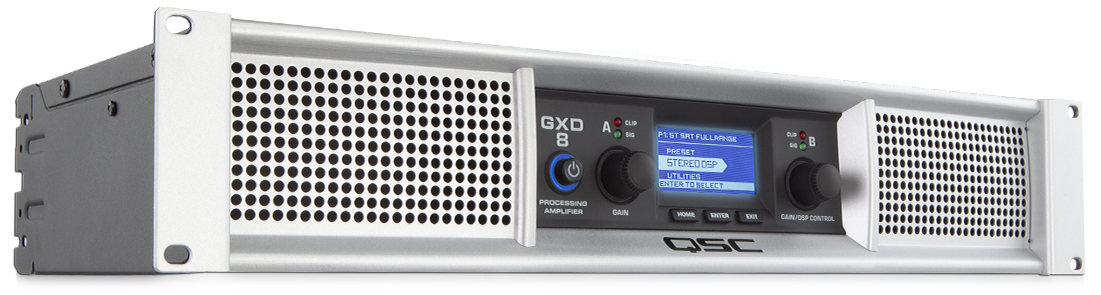 Professional power amplifier with DSP, 2 channels, 800 watts/ch at 8Ω