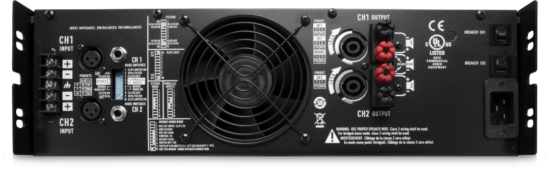 2 channels, 1100 watts/ch at 8Ω, 1800 watts/ch at 4Ω, 2500 watts/ch at 2Ω
