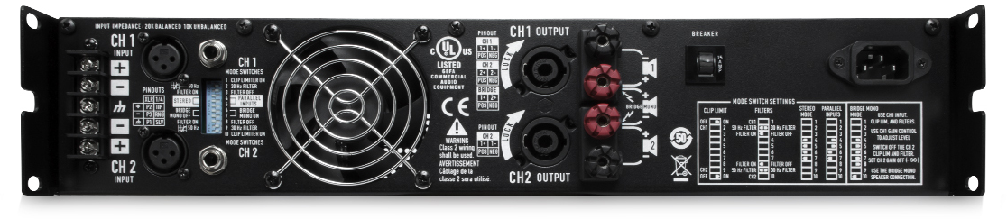 2 channels, 200 watts/ch at 8Ω, 300 watts/ch at 4Ω, 430 watts/ch at 2Ω